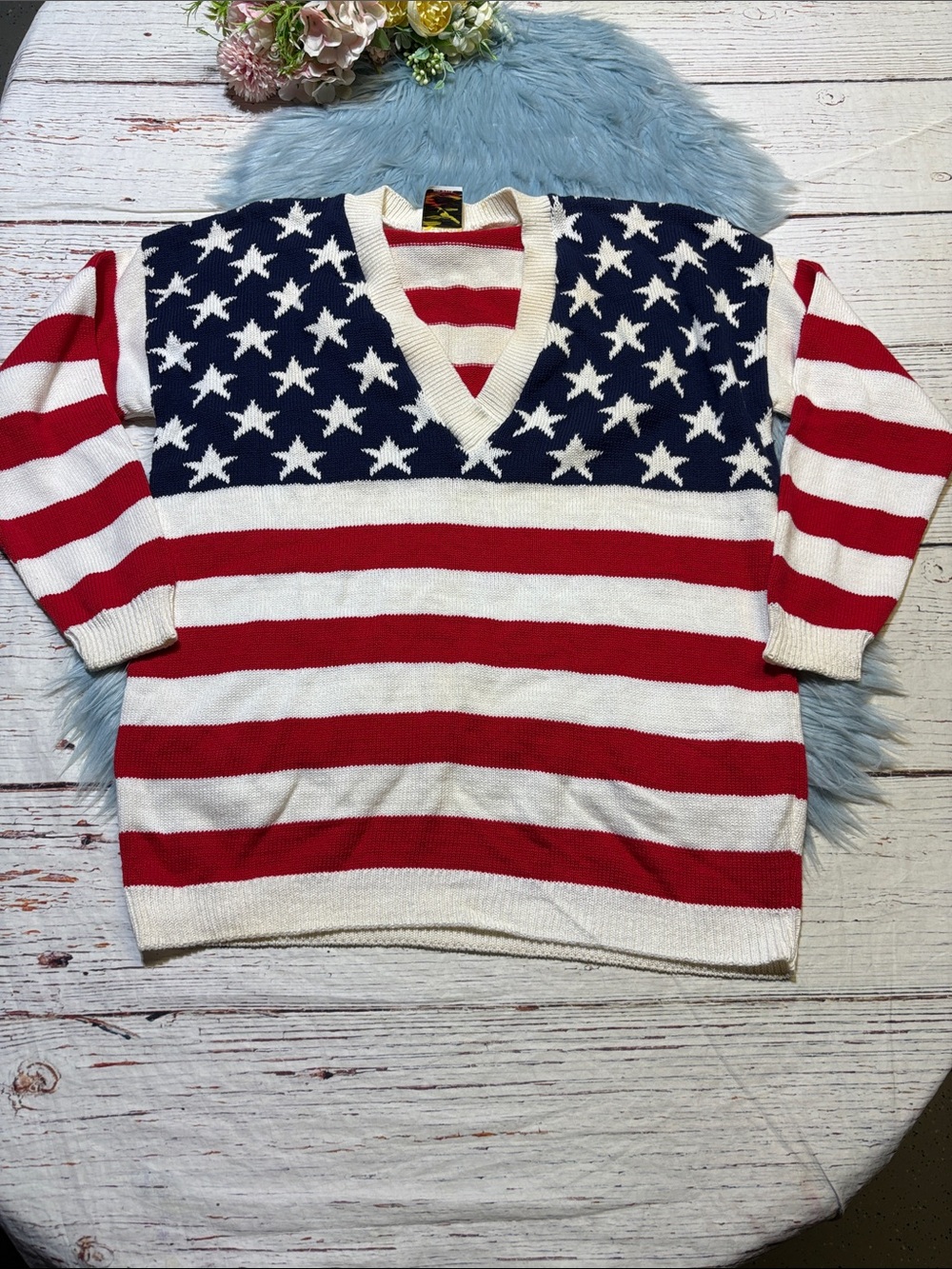 Vintage Caren’s Dream Made in USA Cotton American Flag V Neck Sweater sz M
